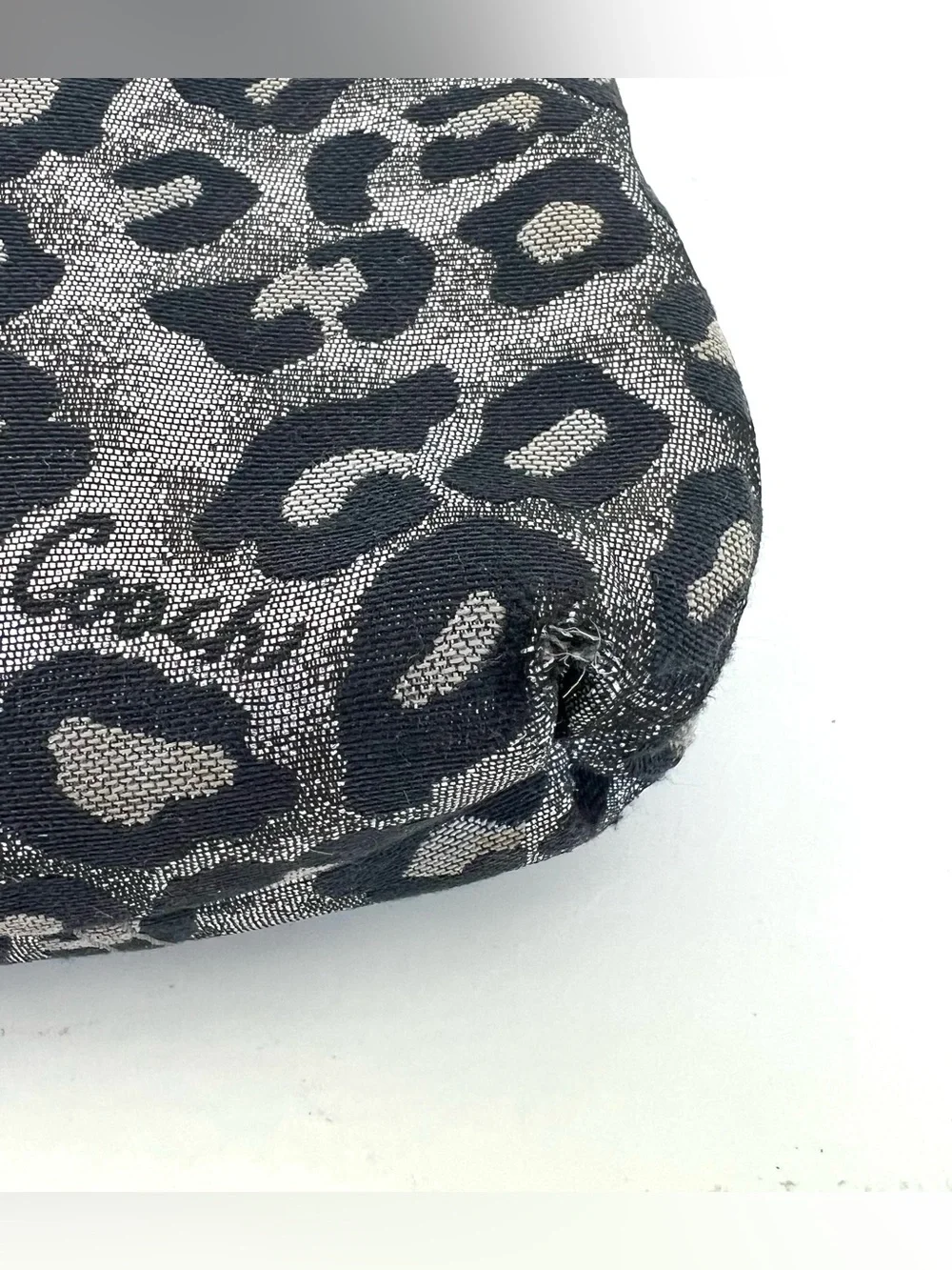 COACH Taupe Patent Leather Black Silver Leopard Print Zipper Clutch Wristlet